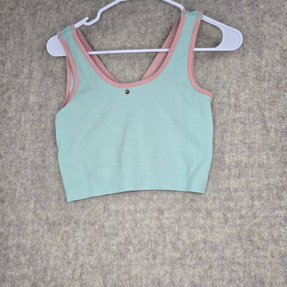 Ribbed Knit Tank Top With Contrast Pink Trim & Gold Emblem Mint Green/Pink